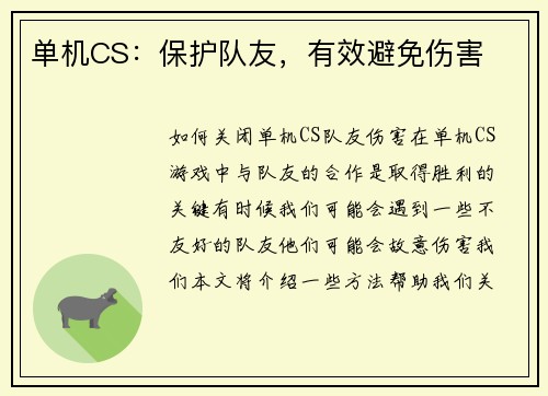 单机CS:保护队友,有效避免伤害 单机CS:保护队友,有效避免伤害